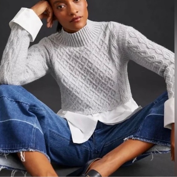 Anthropologie Maeve Sweater Womens Grey White Cable-Knit Layered Sweater - Picture 2 of 6